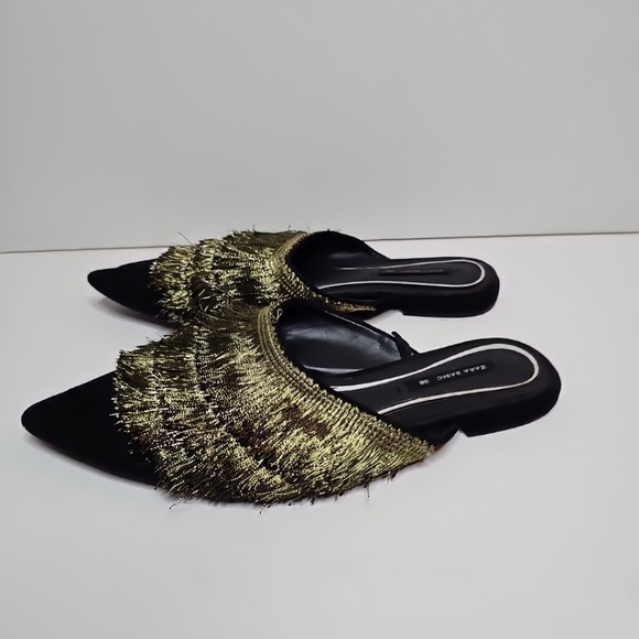 Zara Pointy-Toe Flat Mules with Fringe Black/Gold, Size 38 - Picture 14 of 16